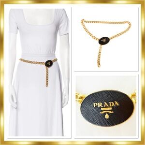 Prada Gold Chain & Black Leather Logo Buckle Belt